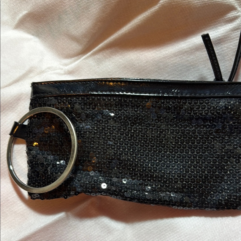 Black Sequin Clutch with Silver Ring